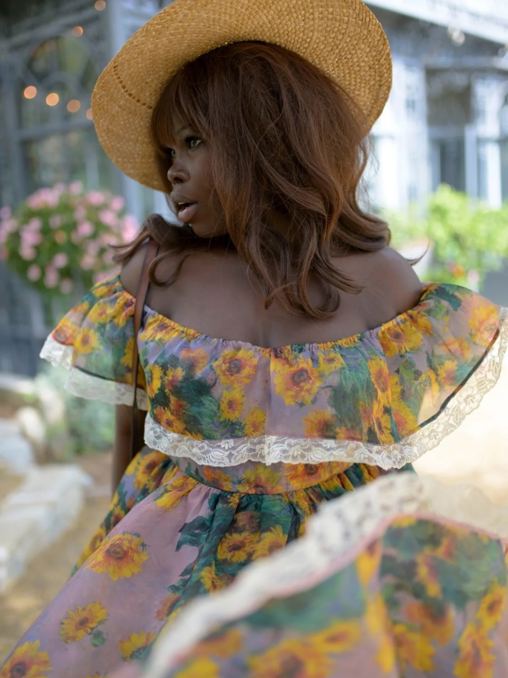 Selkie Sunflower Off-Shoulder Midi Dress in Yellow and Green - Picture 4 of 5
